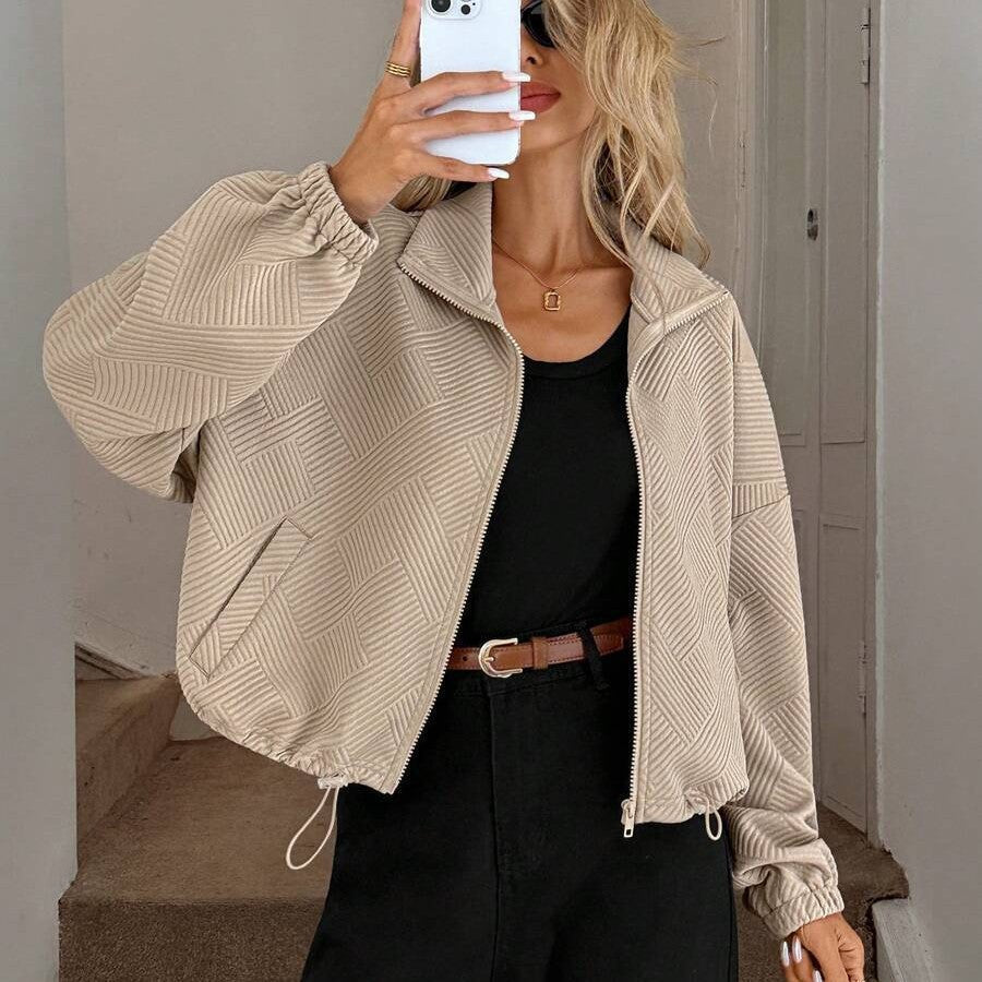 Women's Loose Baseball Jacket with High Collar and Drawstring