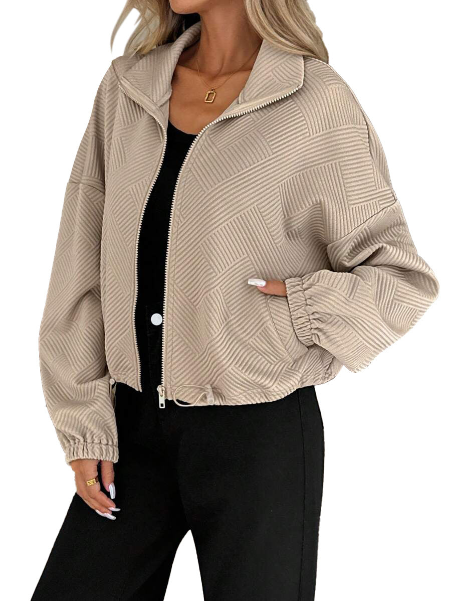 Women's Loose Baseball Jacket with High Collar and Drawstring
