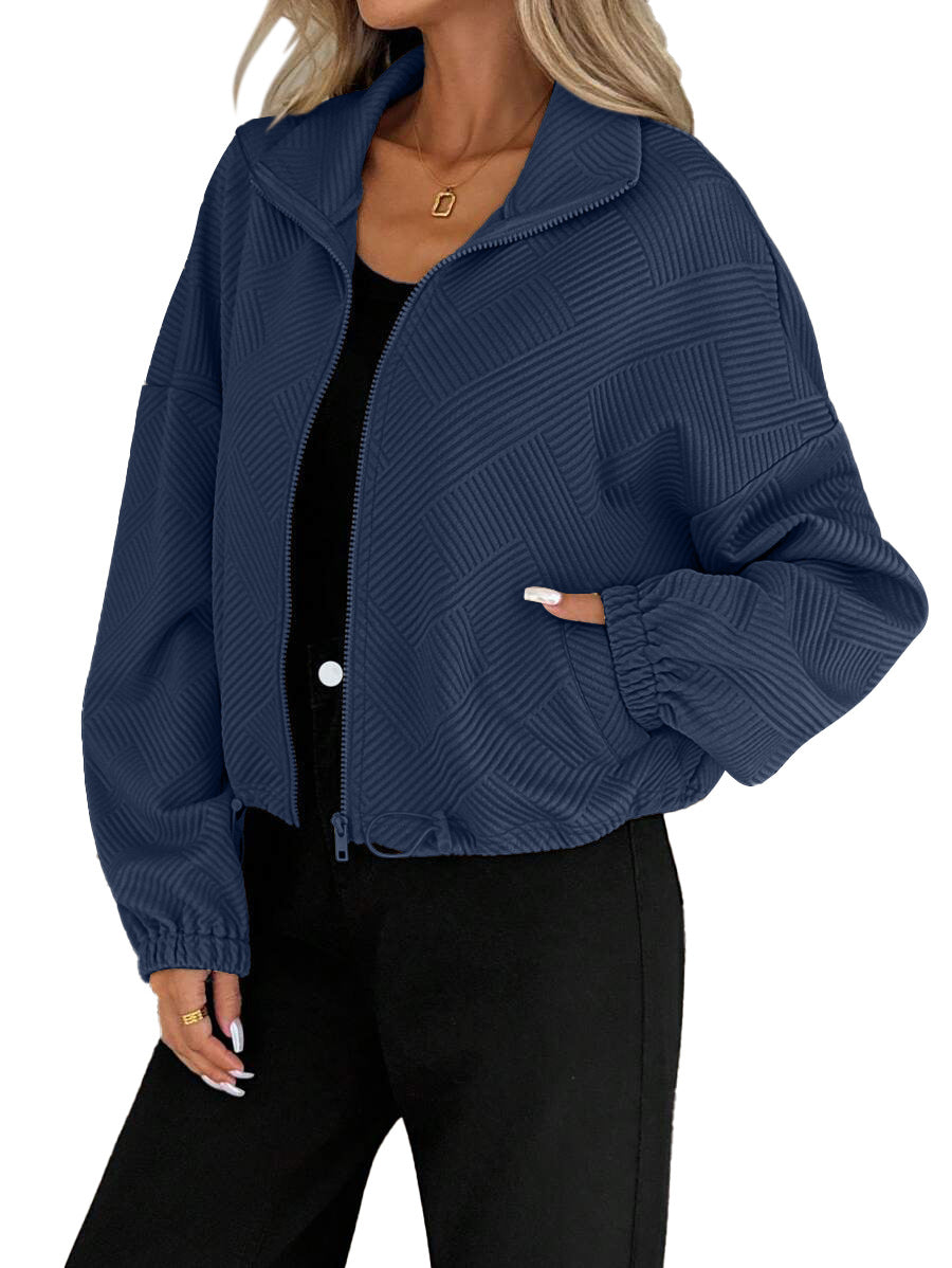 Women's Loose Baseball Jacket with High Collar and Drawstring