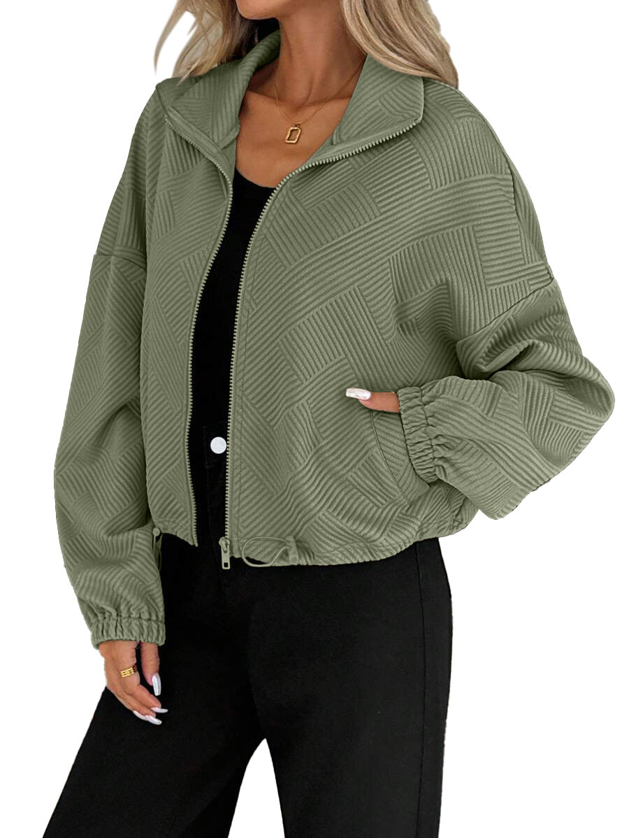 Women's Loose Baseball Jacket with High Collar and Drawstring