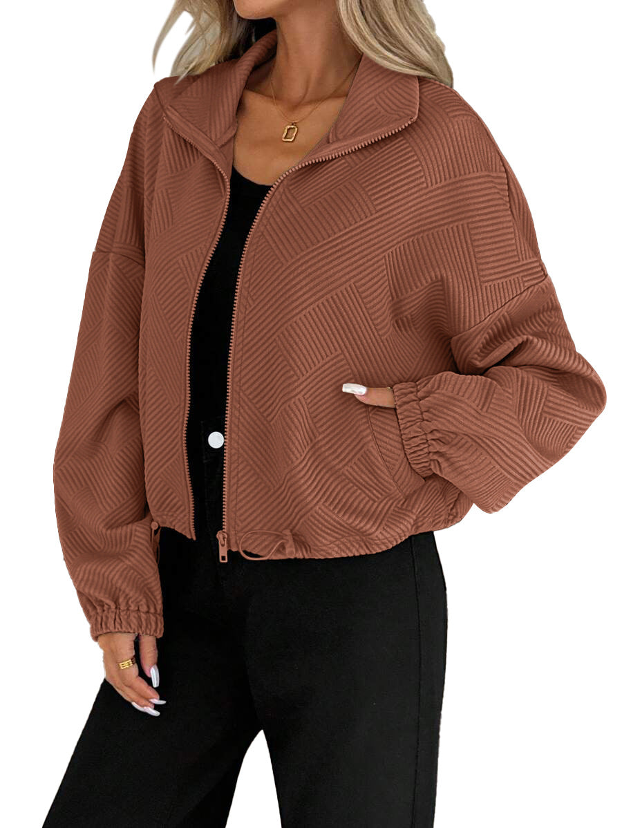 Women's Loose Baseball Jacket with High Collar and Drawstring