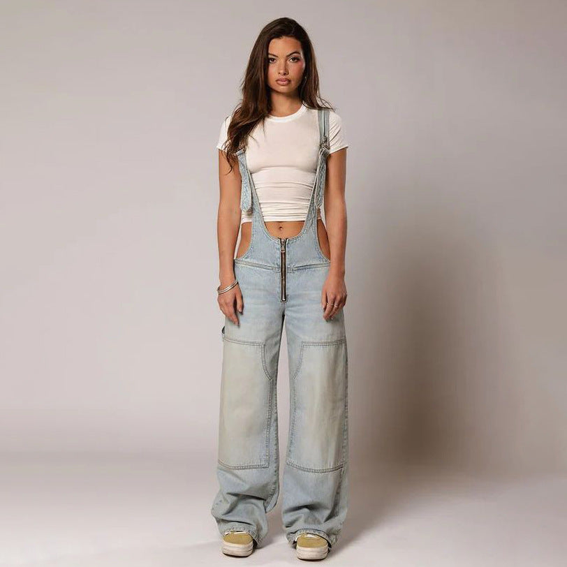 Women's Loose Denim Dungarees with Pockets