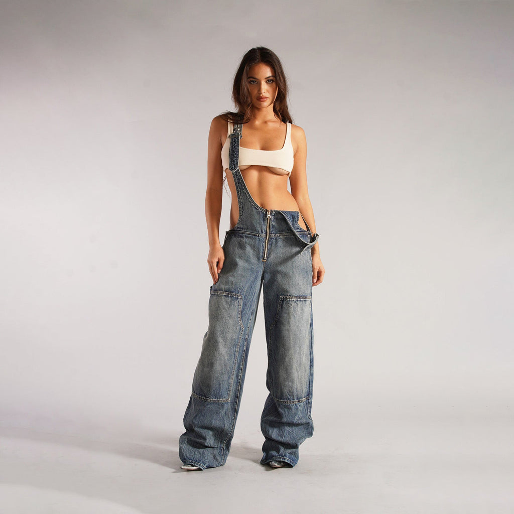 Women's Loose Denim Dungarees with Pockets