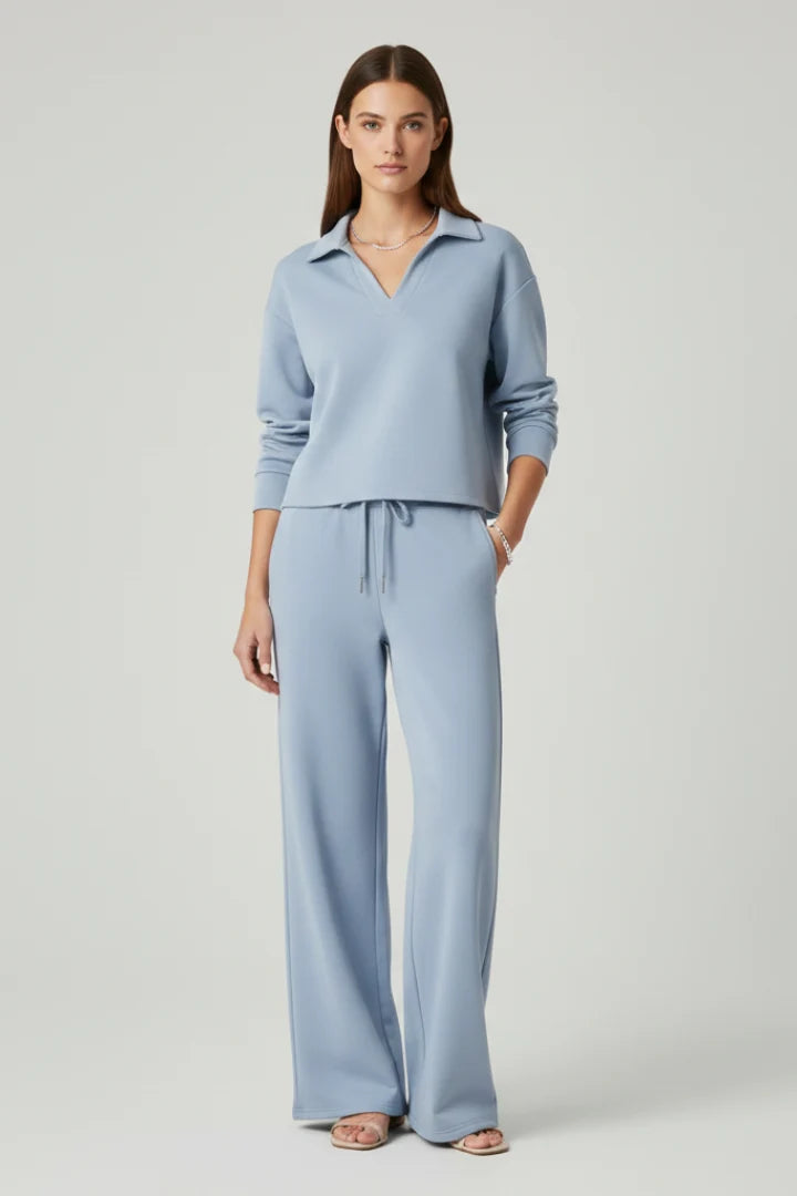 Women's Lounge Set - V-Neck Top & Wide-Leg Trousers