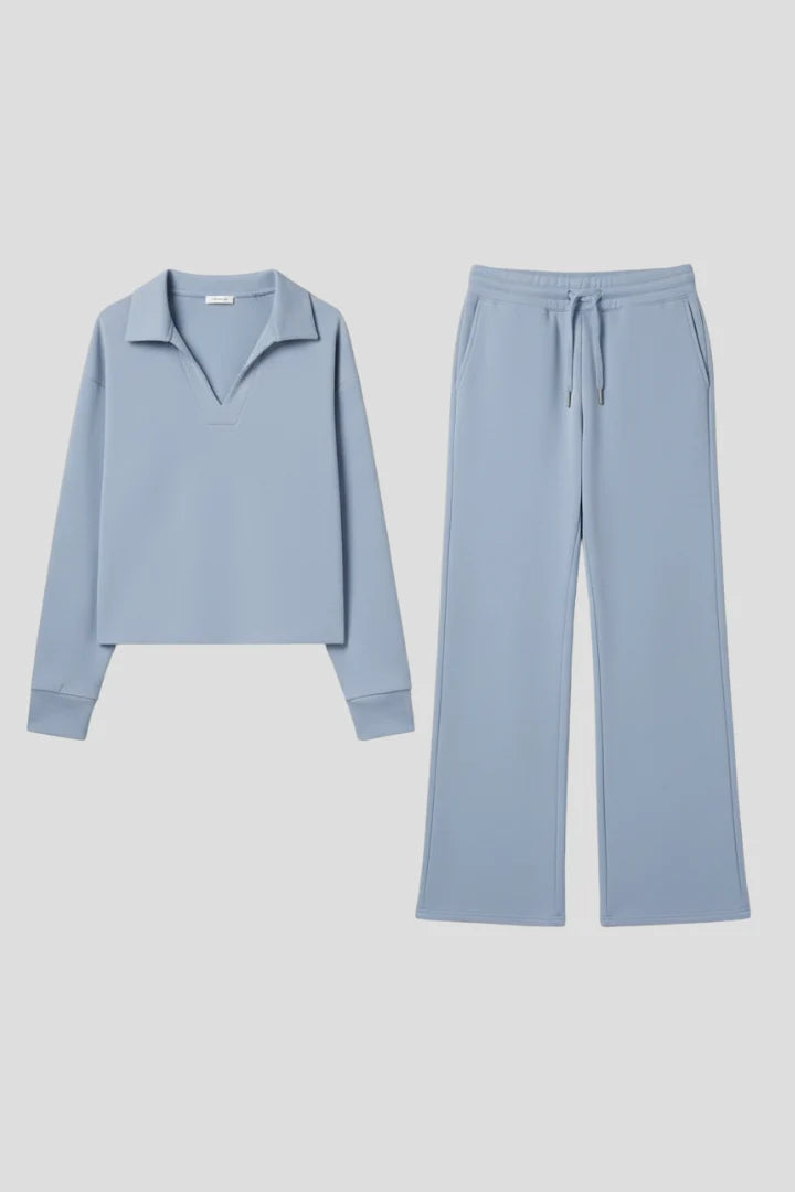 Women's Lounge Set - V-Neck Top & Wide-Leg Trousers