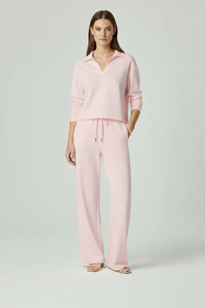 Women's Lounge Set - V-Neck Top & Wide-Leg Trousers
