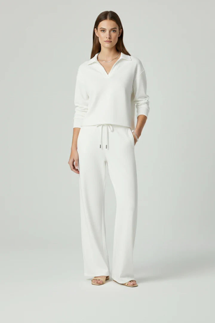 Women's Lounge Set - V-Neck Top & Wide-Leg Trousers