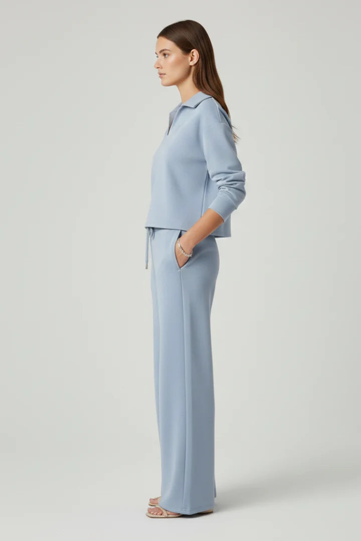 Women's Lounge Set - V-Neck Top & Wide-Leg Trousers