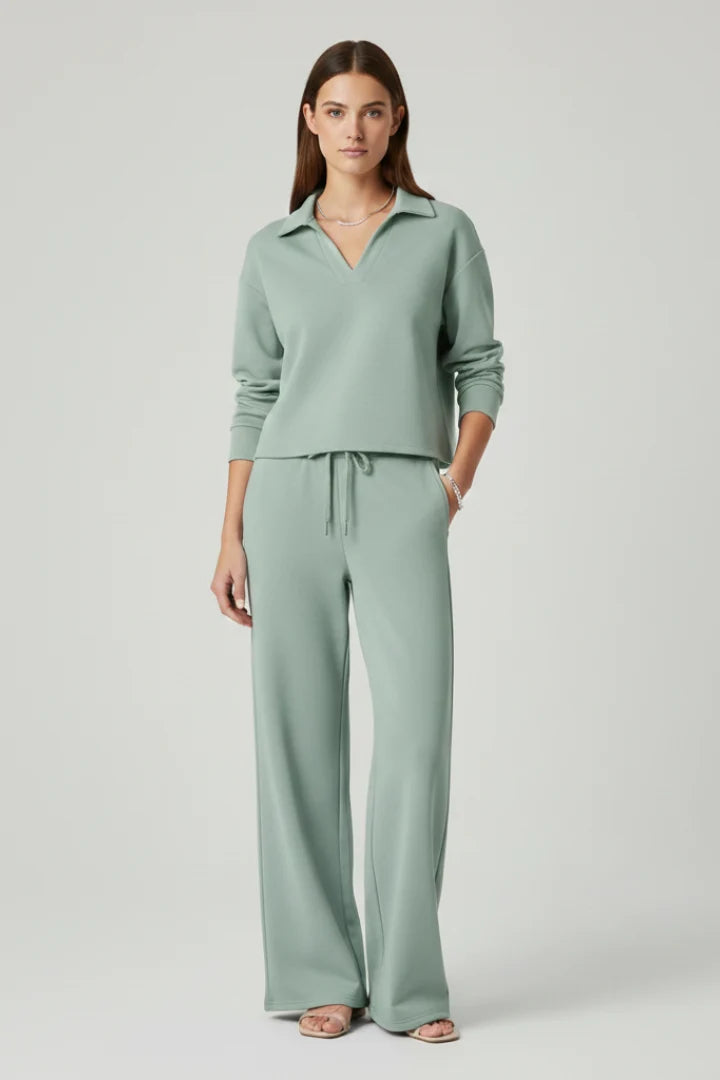 Women's Lounge Set - V-Neck Top & Wide-Leg Trousers