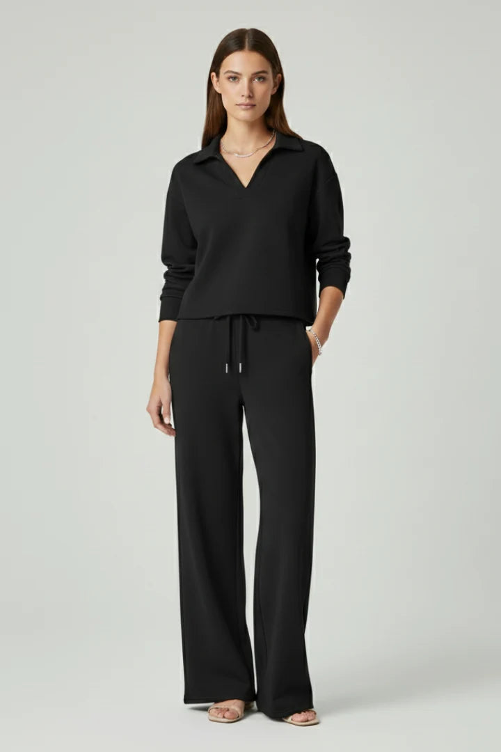 Women's Lounge Set - V-Neck Top & Wide-Leg Trousers