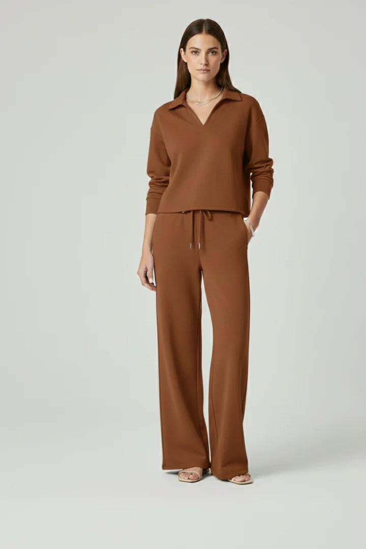Women's Lounge Set - V-Neck Top & Wide-Leg Trousers
