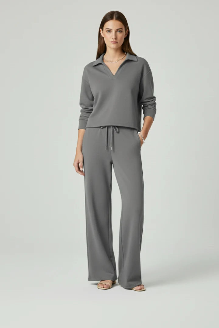 Women's Lounge Set - V-Neck Top & Wide-Leg Trousers