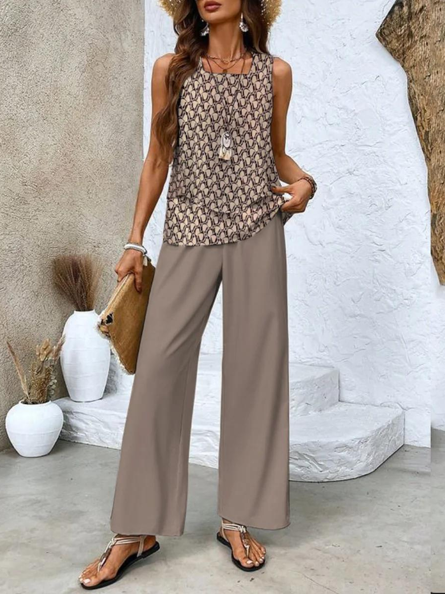 Completo da casa da donna composto da due pezzi, con top e pantaloni a gamba larga