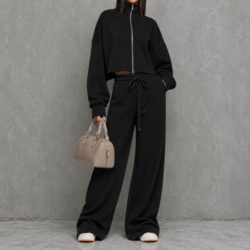 Women's Loungewear Two Piece Set with Zip-up Sweater and Wide-leg Pants