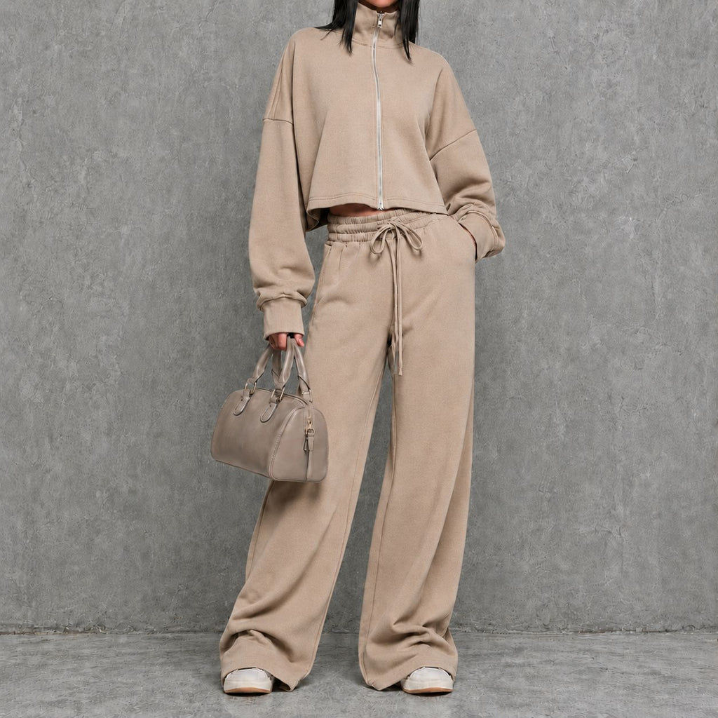 Women's Loungewear Two Piece Set with Zip-up Sweater and Wide-leg Pants