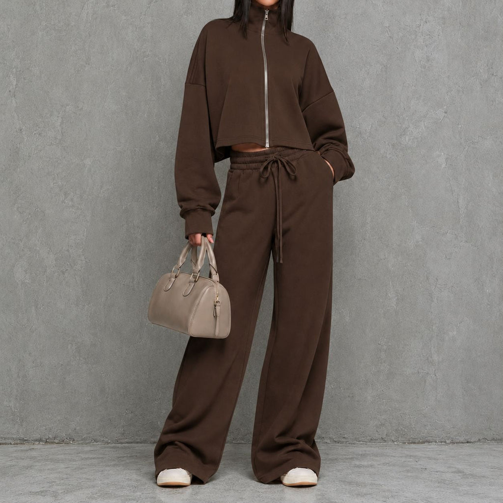 Women's Loungewear Two Piece Set with Zip-up Sweater and Wide-leg Pants