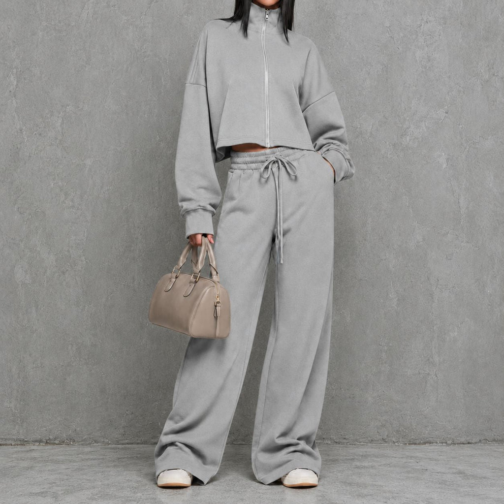 Women's Loungewear Two Piece Set with Zip-up Sweater and Wide-leg Pants