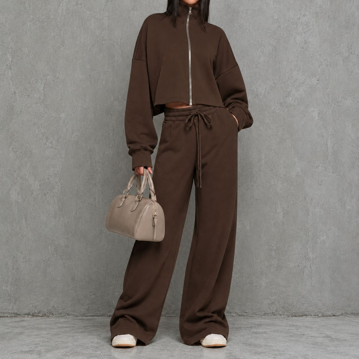 Women's Loungewear Two Piece Set with Zip-up Sweater and Wide-leg Pants