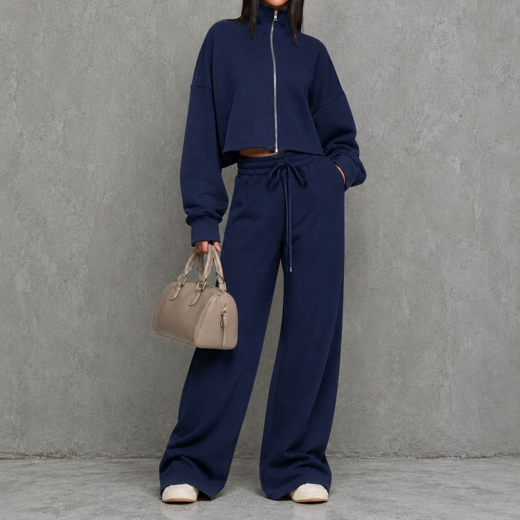 Women's Loungewear Two Piece Set with Zip-up Sweater and Wide-leg Pants