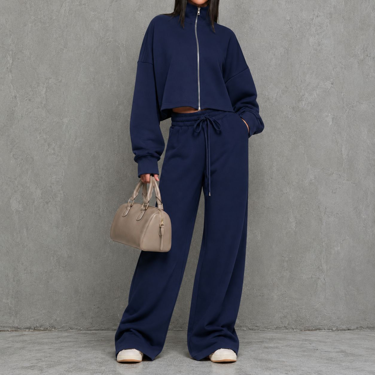 Women's Loungewear Two Piece Set with Zip-up Sweater and Wide-leg Pants