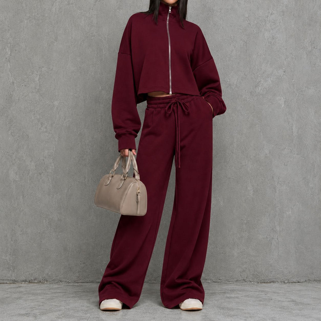 Women's Loungewear Two Piece Set with Zip-up Sweater and Wide-leg Pants