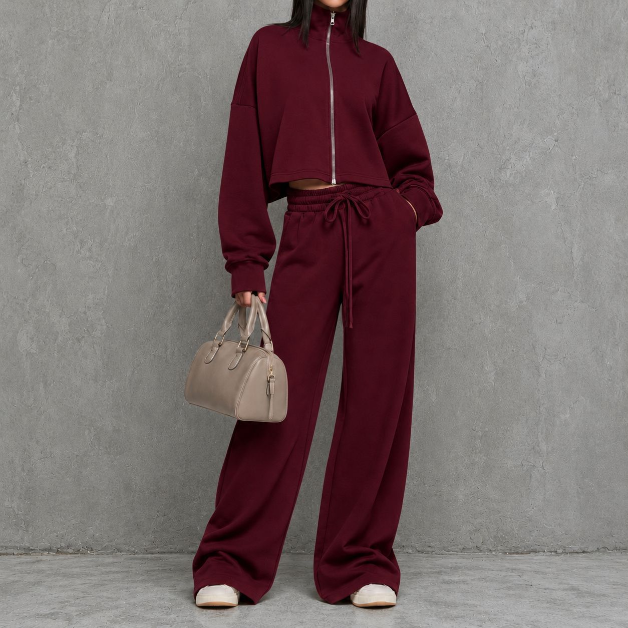 Women's Loungewear Two Piece Set with Zip-up Sweater and Wide-leg Pants