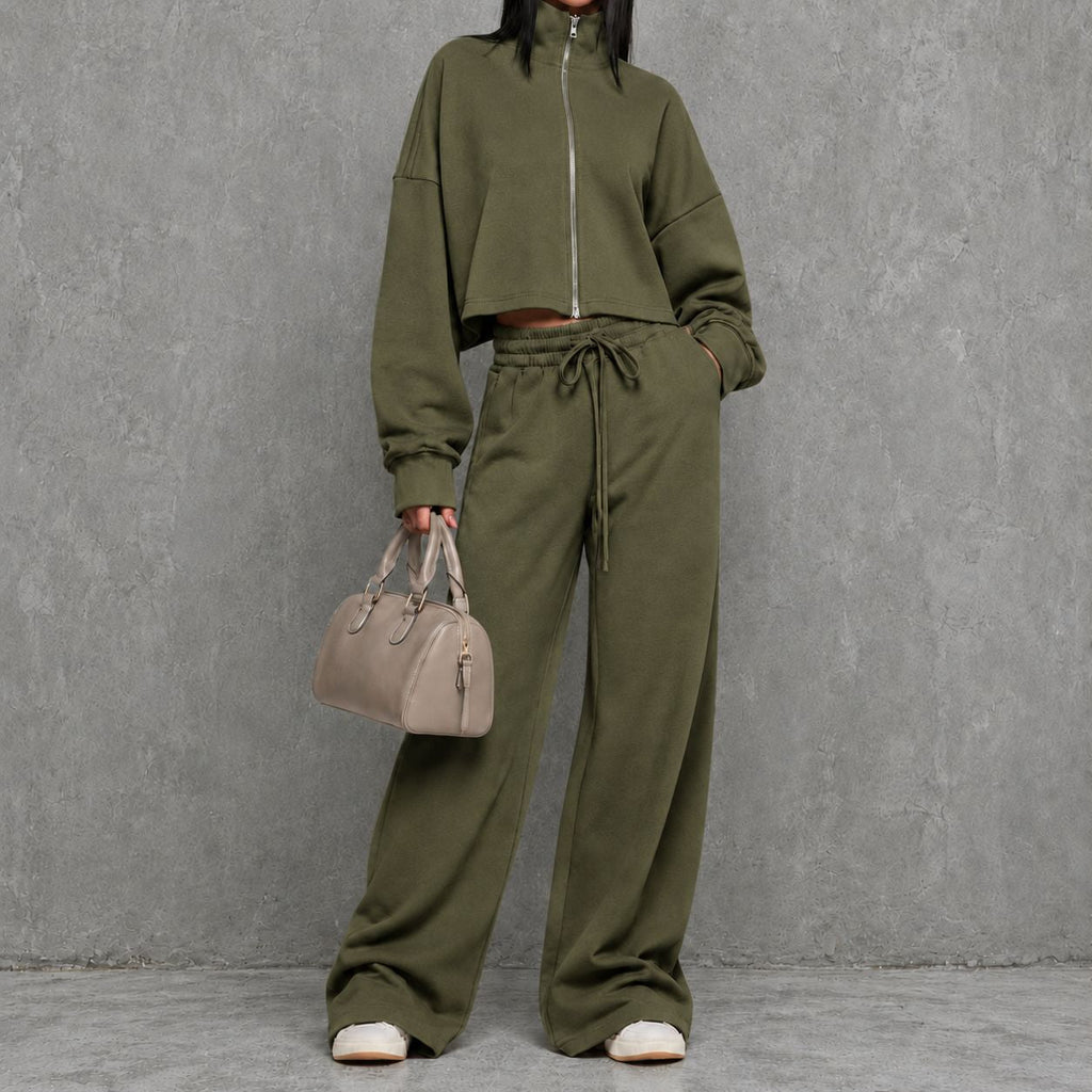 Women's Loungewear Two Piece Set with Zip-up Sweater and Wide-leg Pants