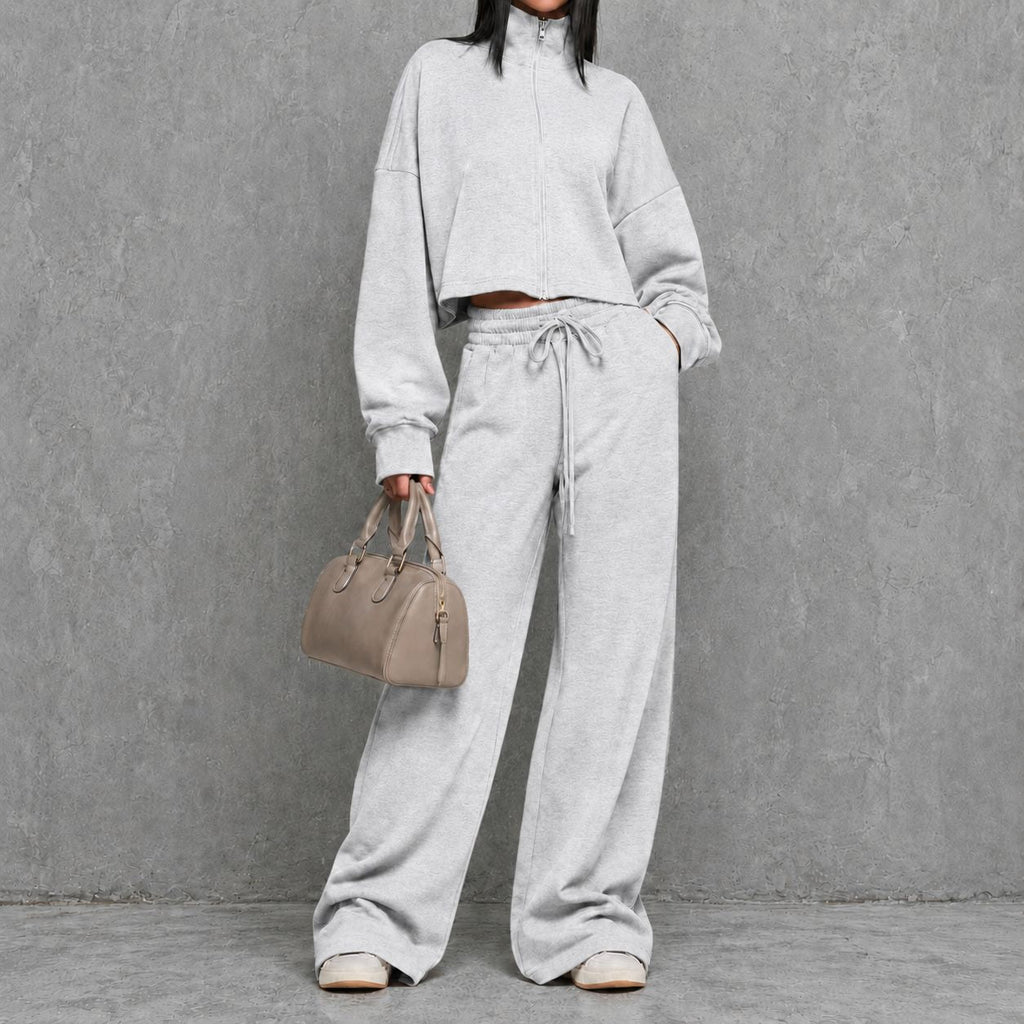 Women's Loungewear Two Piece Set with Zip-up Sweater and Wide-leg Pants