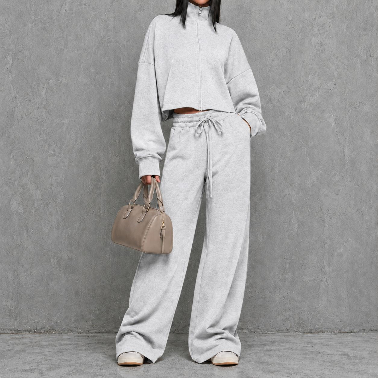 Women's Loungewear Two Piece Set with Zip-up Sweater and Wide-leg Pants