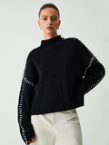 Women's Oversized Mock Neck Sweater with Contrast Whipstitching