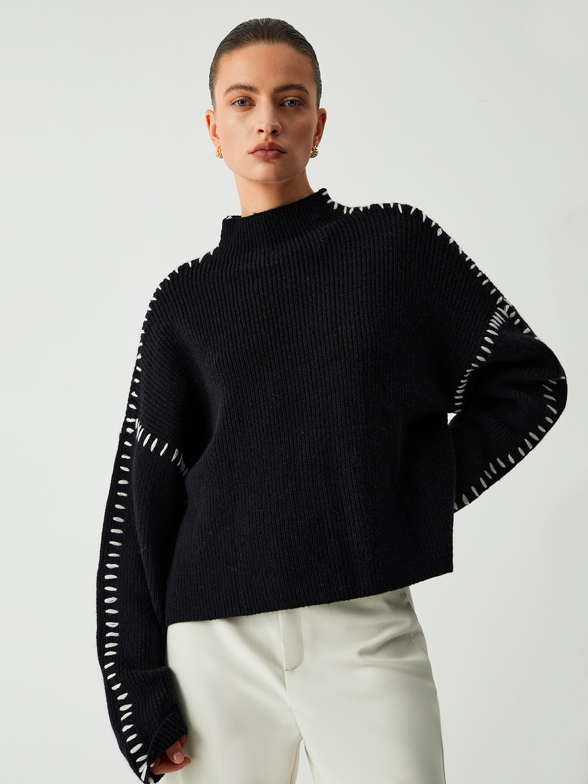 Women's Oversized Mock Neck Sweater with Contrast Whipstitching