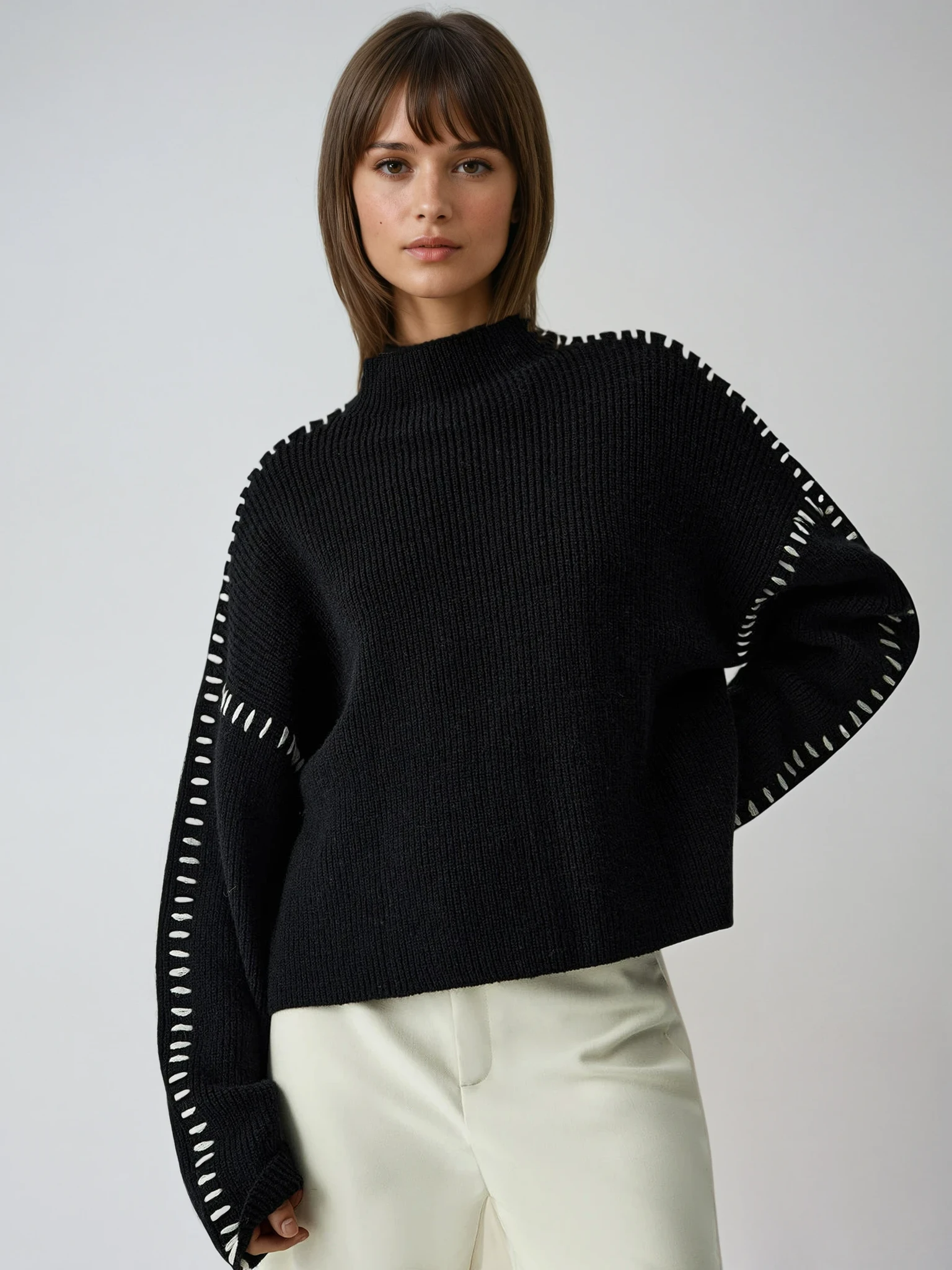 Women's Oversized Mock Neck Sweater with Contrast Whipstitching