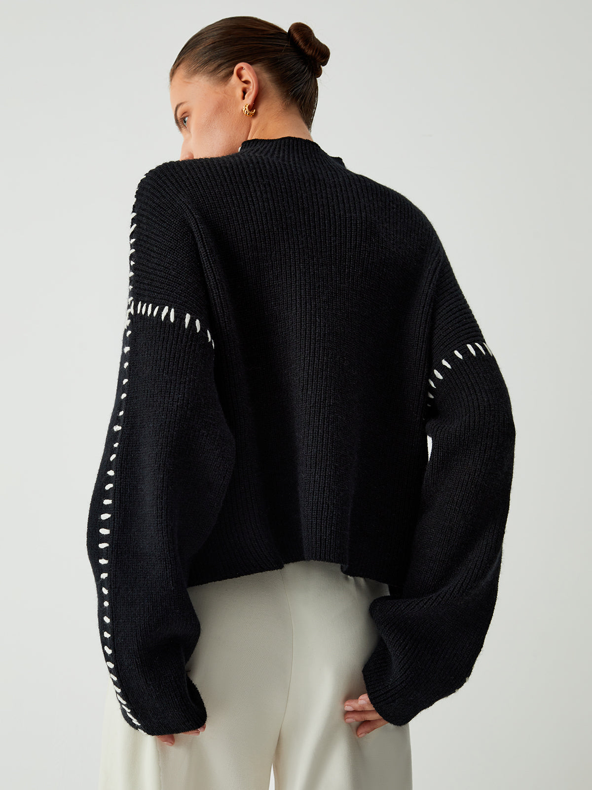 Women's Oversized Mock Neck Sweater with Contrast Whipstitching