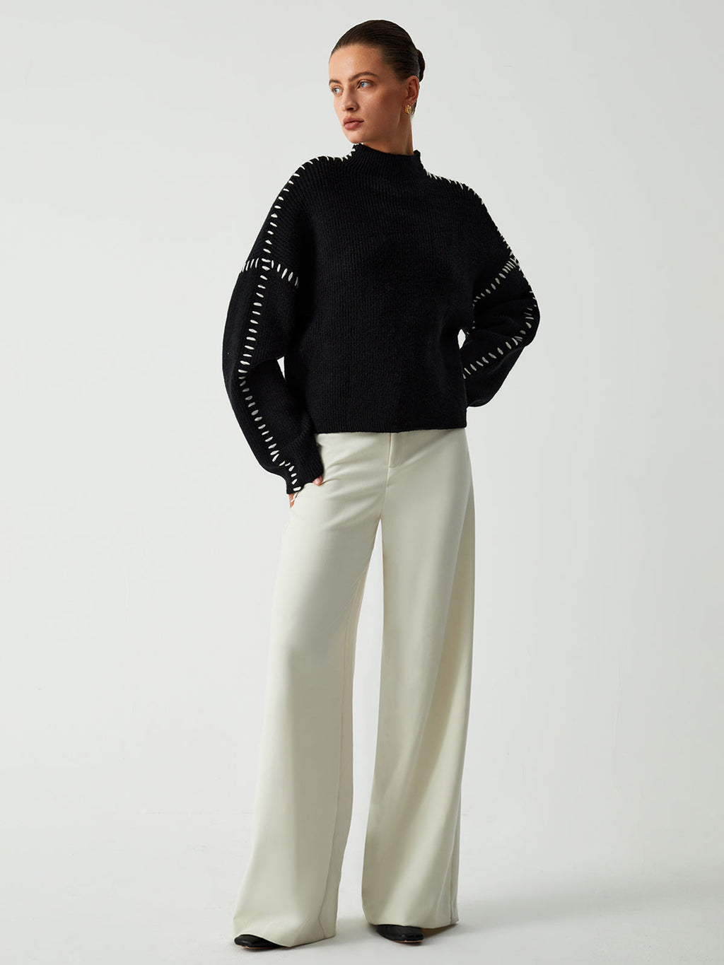 Women's Oversized Mock Neck Sweater with Contrast Whipstitching