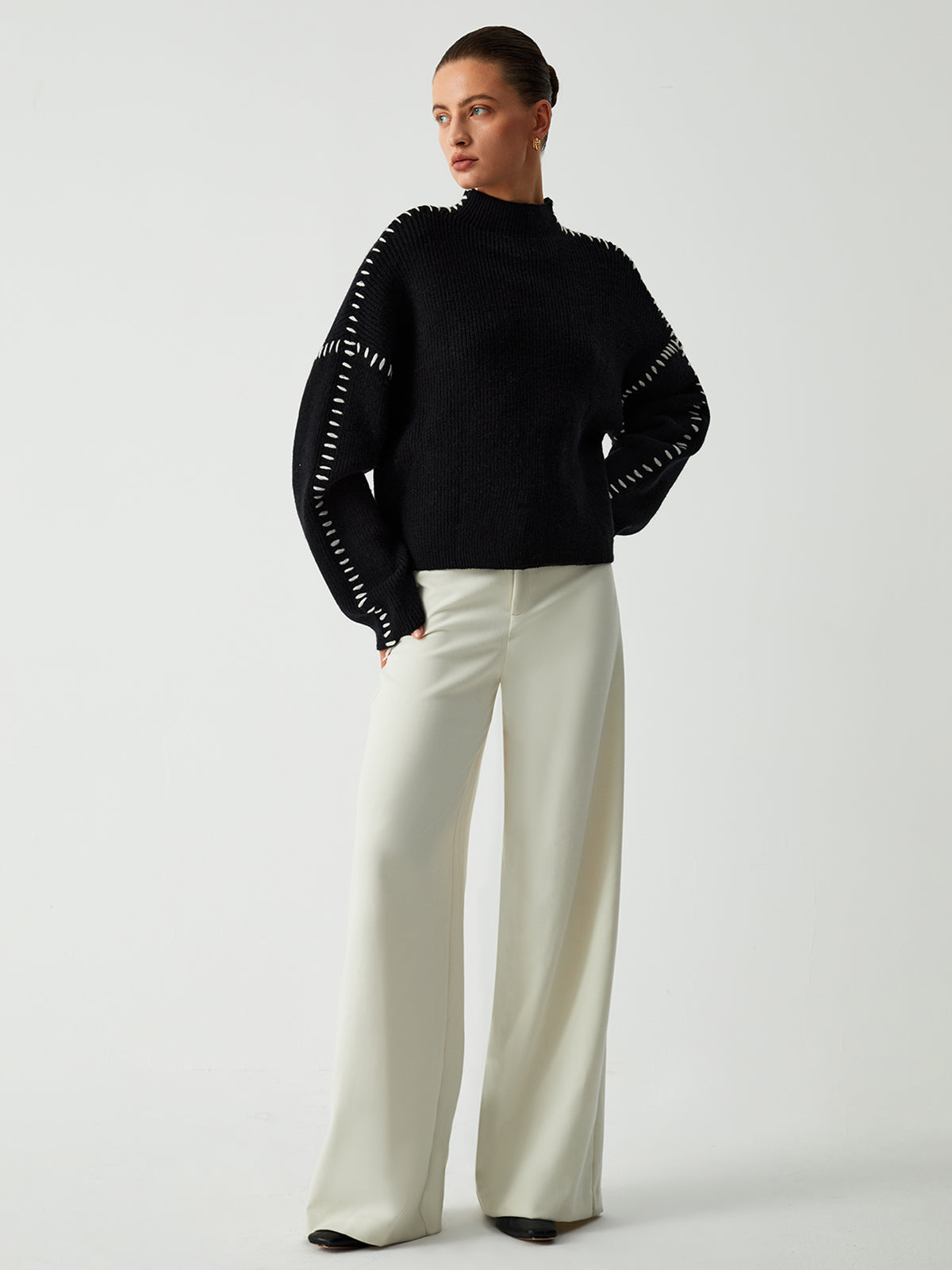 Women's Oversized Mock Neck Sweater with Contrast Whipstitching
