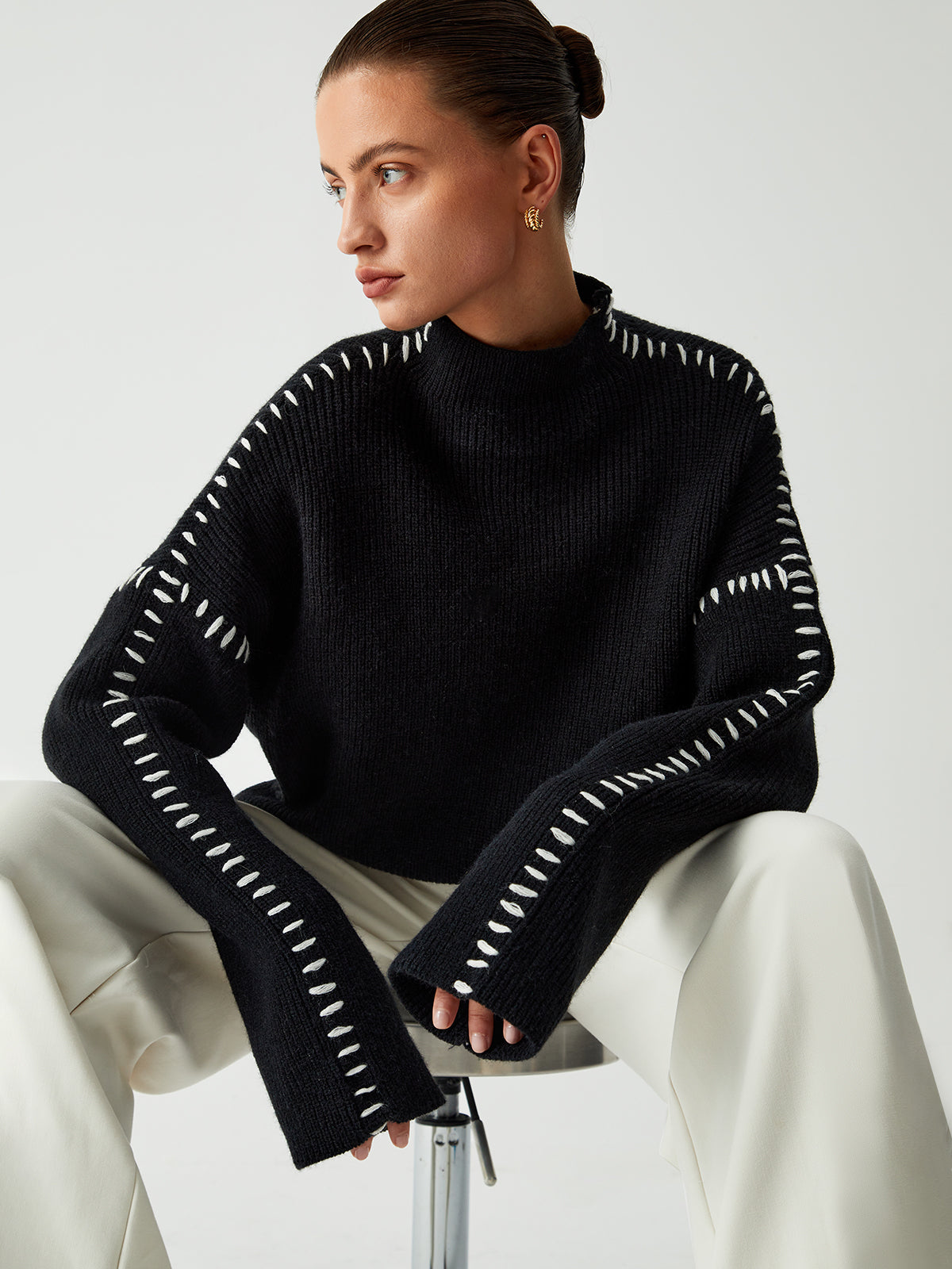 Women's Oversized Mock Neck Sweater with Contrast Whipstitching