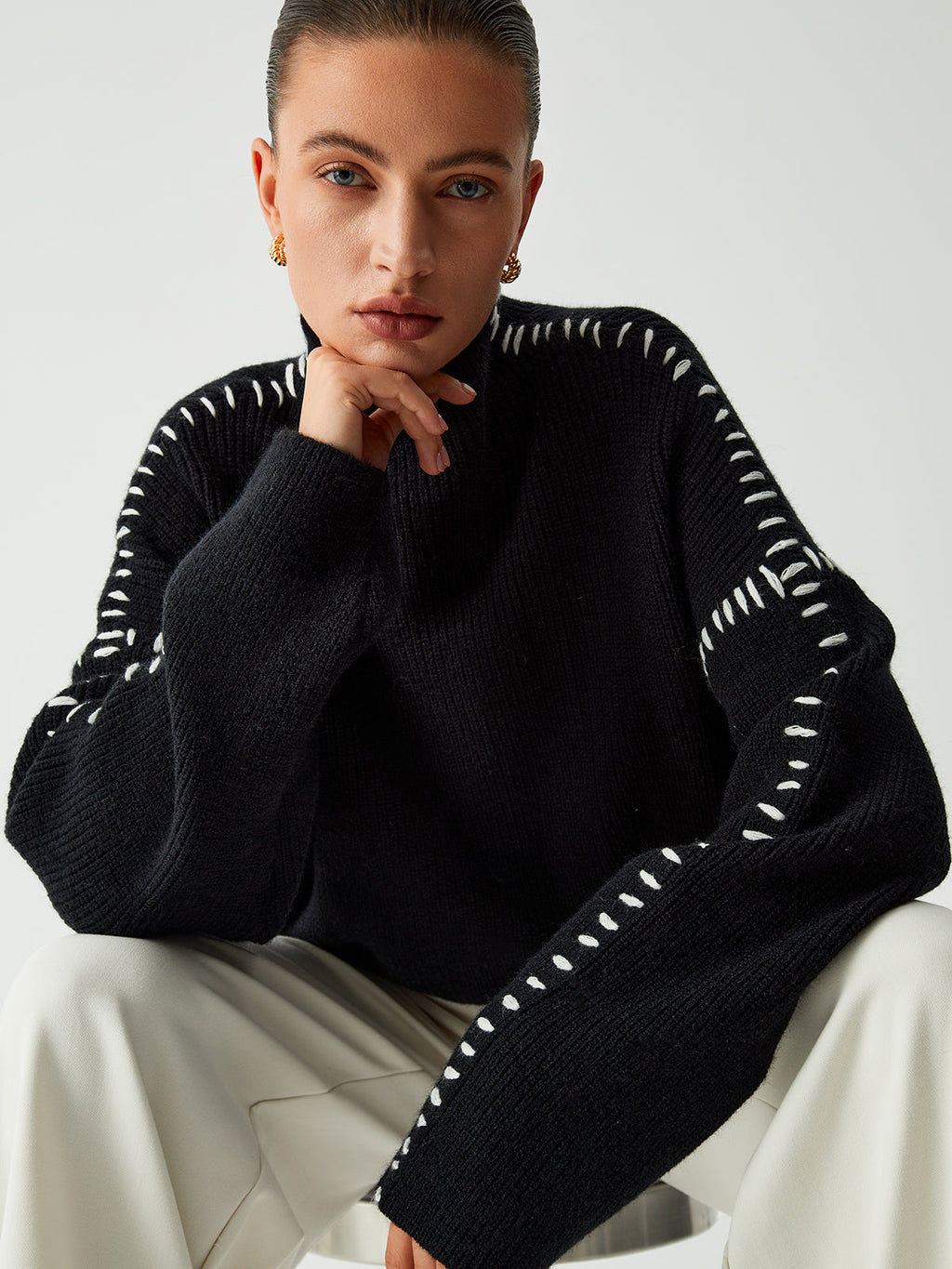 Women's Oversized Mock Neck Sweater with Contrast Whipstitching