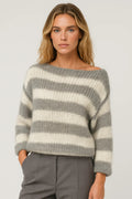 Women's Oversized Sweater with Wide Neck and Striped Pattern