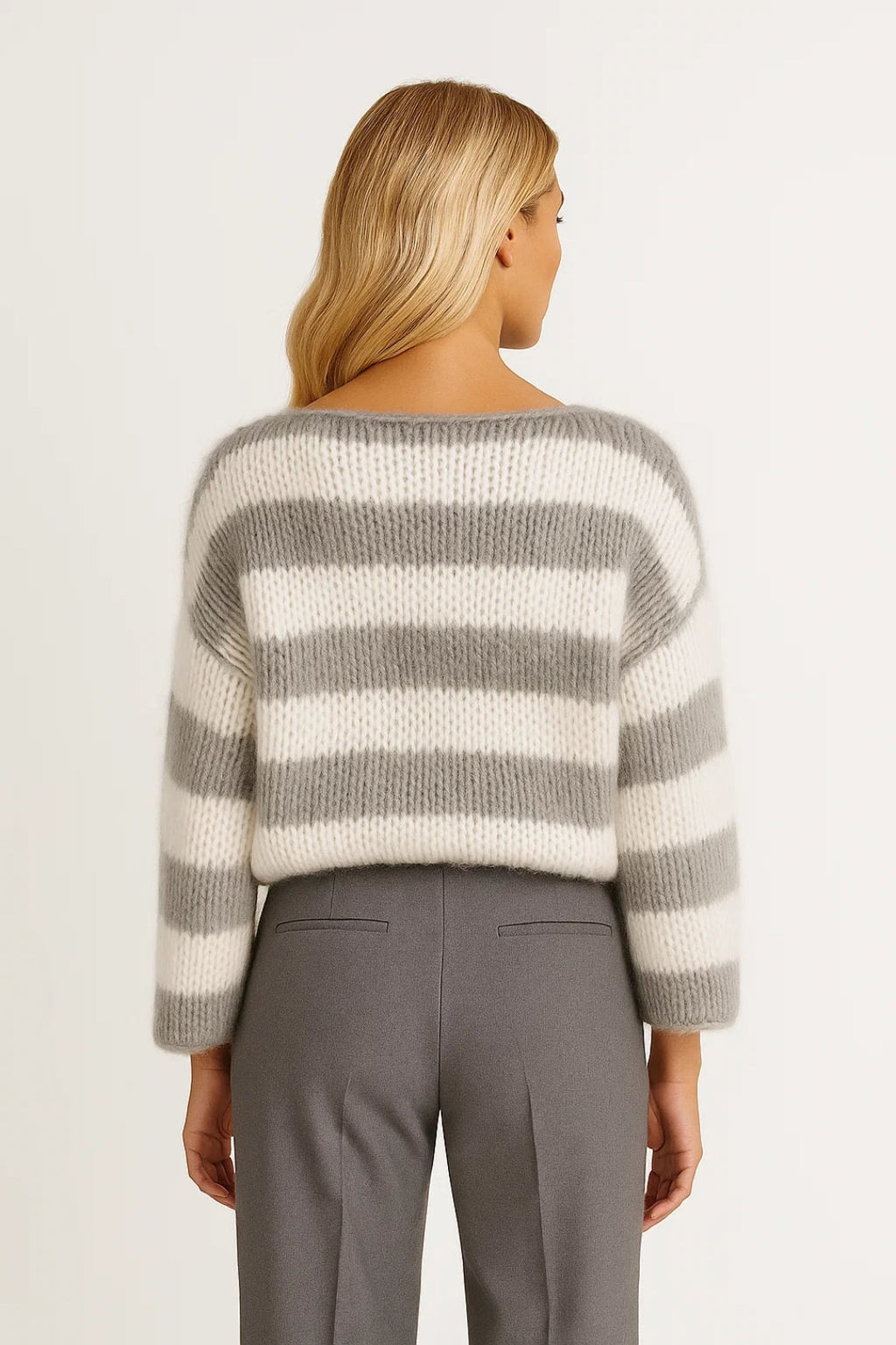 Women's Oversized Sweater with Wide Neck and Striped Pattern