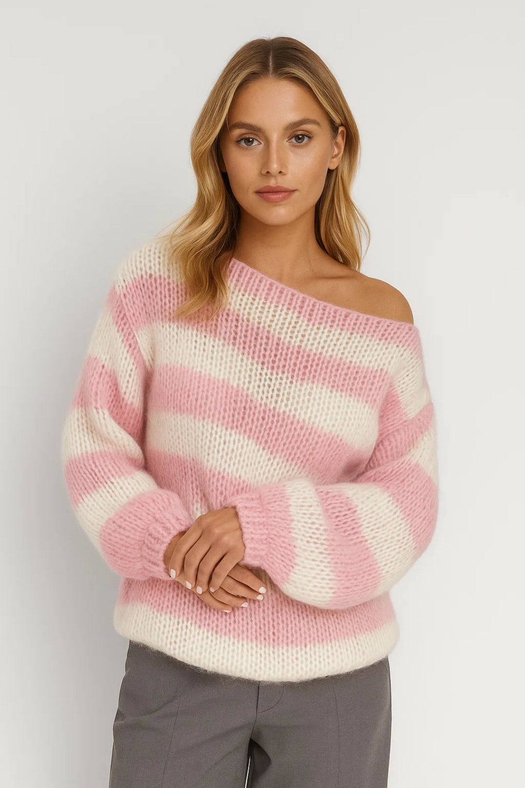 Women's Oversized Sweater with Wide Neck and Striped Pattern