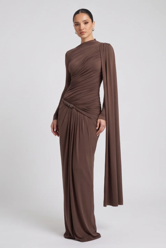 Women's Pleated Long Sleeve Formal Dress