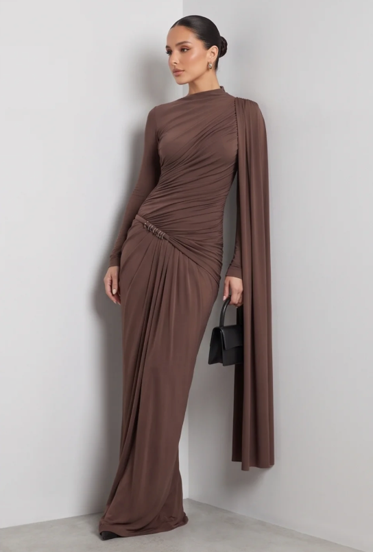 Women's Pleated Long Sleeve Formal Dress