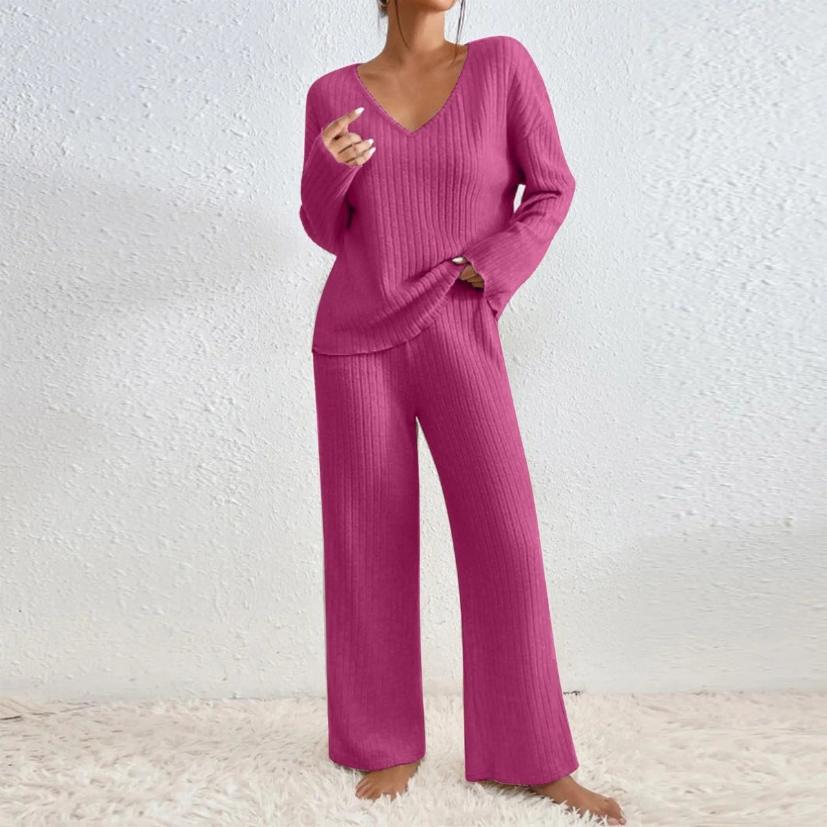 Completo da casa in maglia a coste da donna - Abbigliamento da casa confortevole