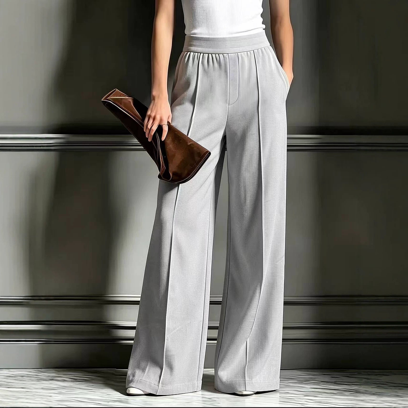 Women's Ribbed Wide Leg Casual Pants with Pockets
