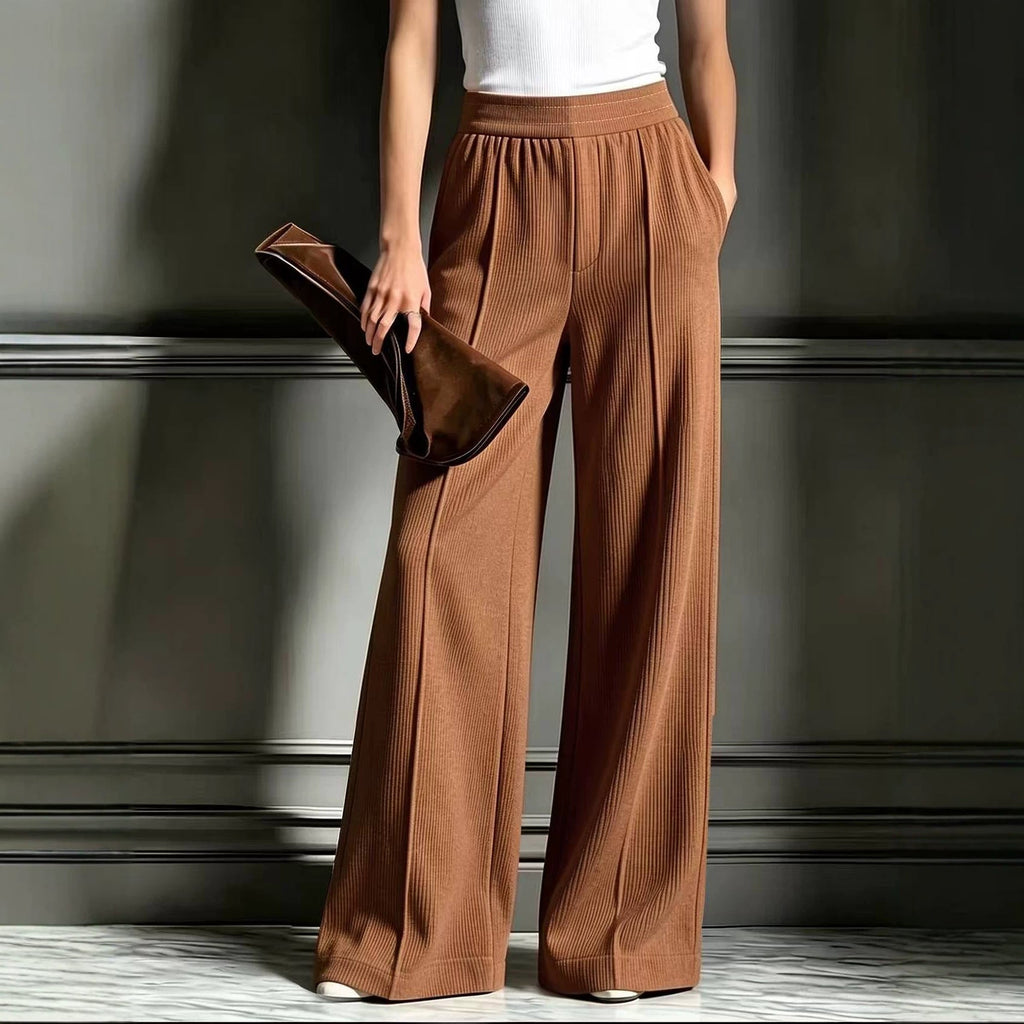 Women's Ribbed Wide Leg Casual Pants with Pockets