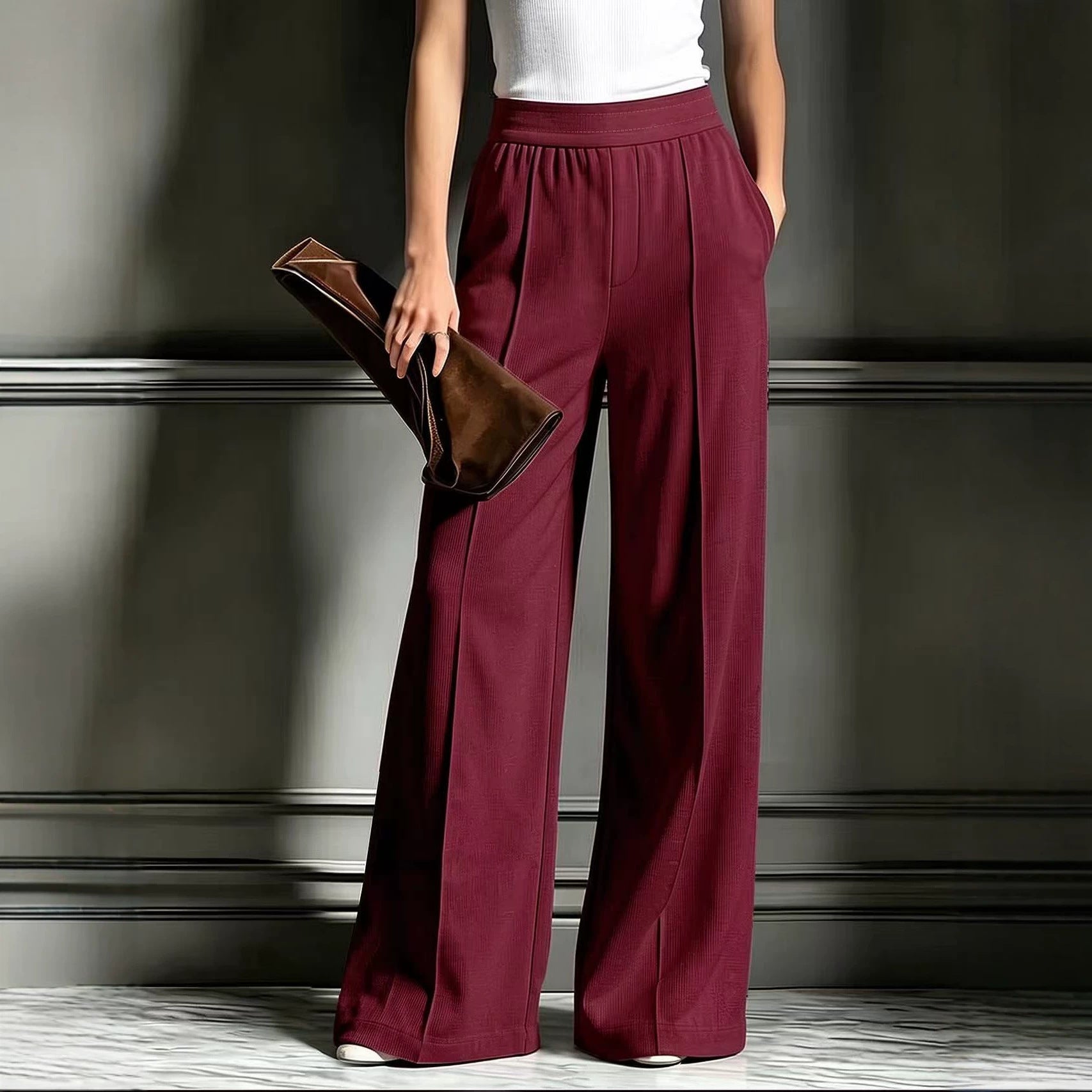 Women's Ribbed Wide Leg Casual Pants with Pockets