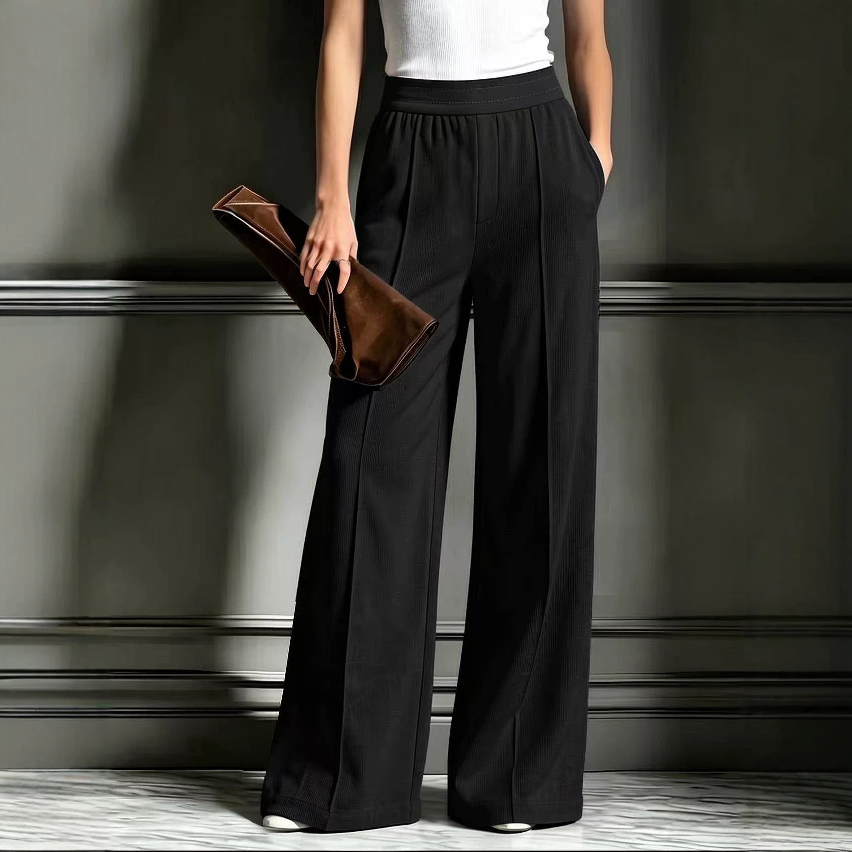 Women's Ribbed Wide Leg Casual Pants with Pockets