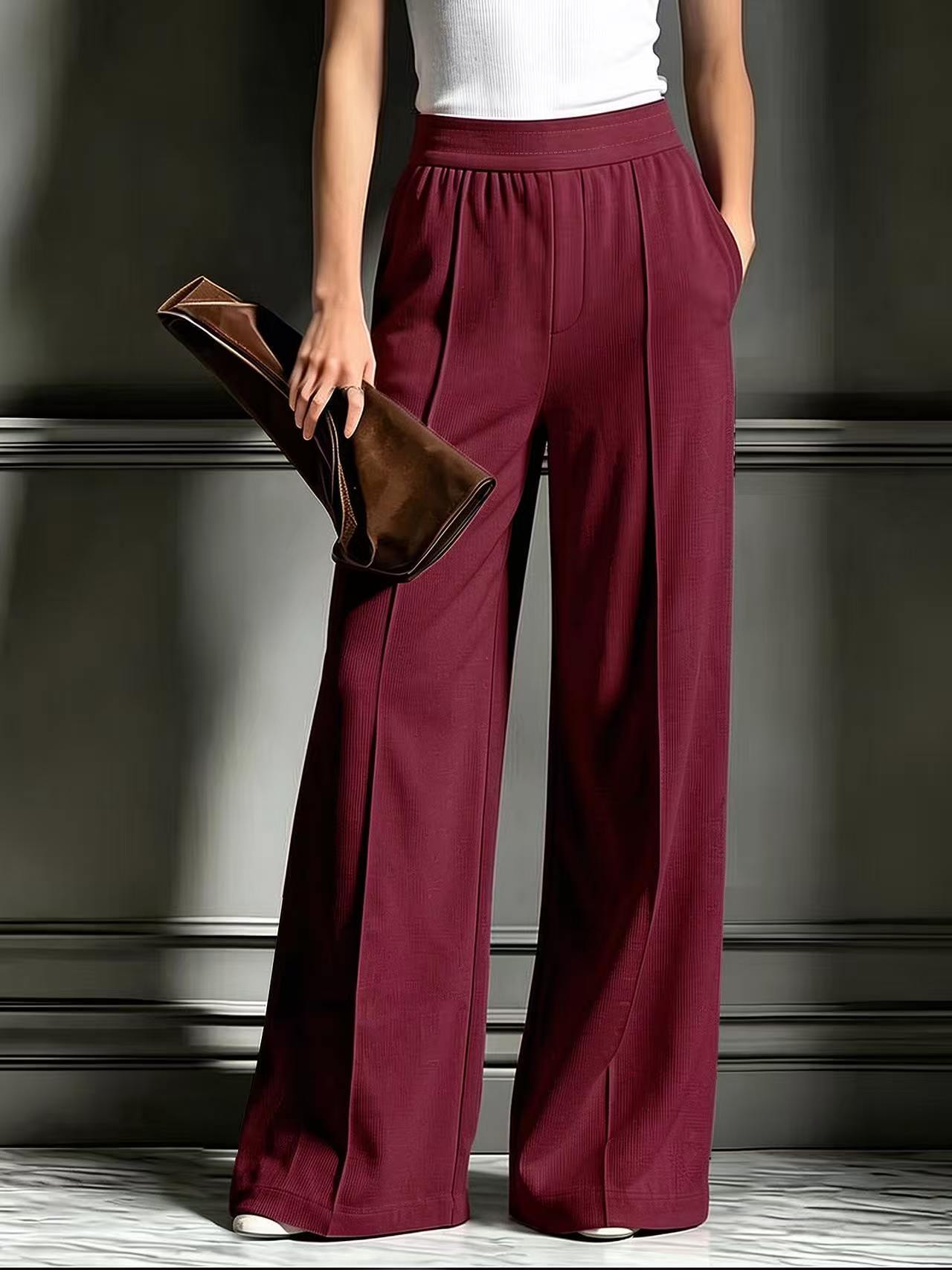Women's Ribbed Wide Leg Casual Pants with Pockets