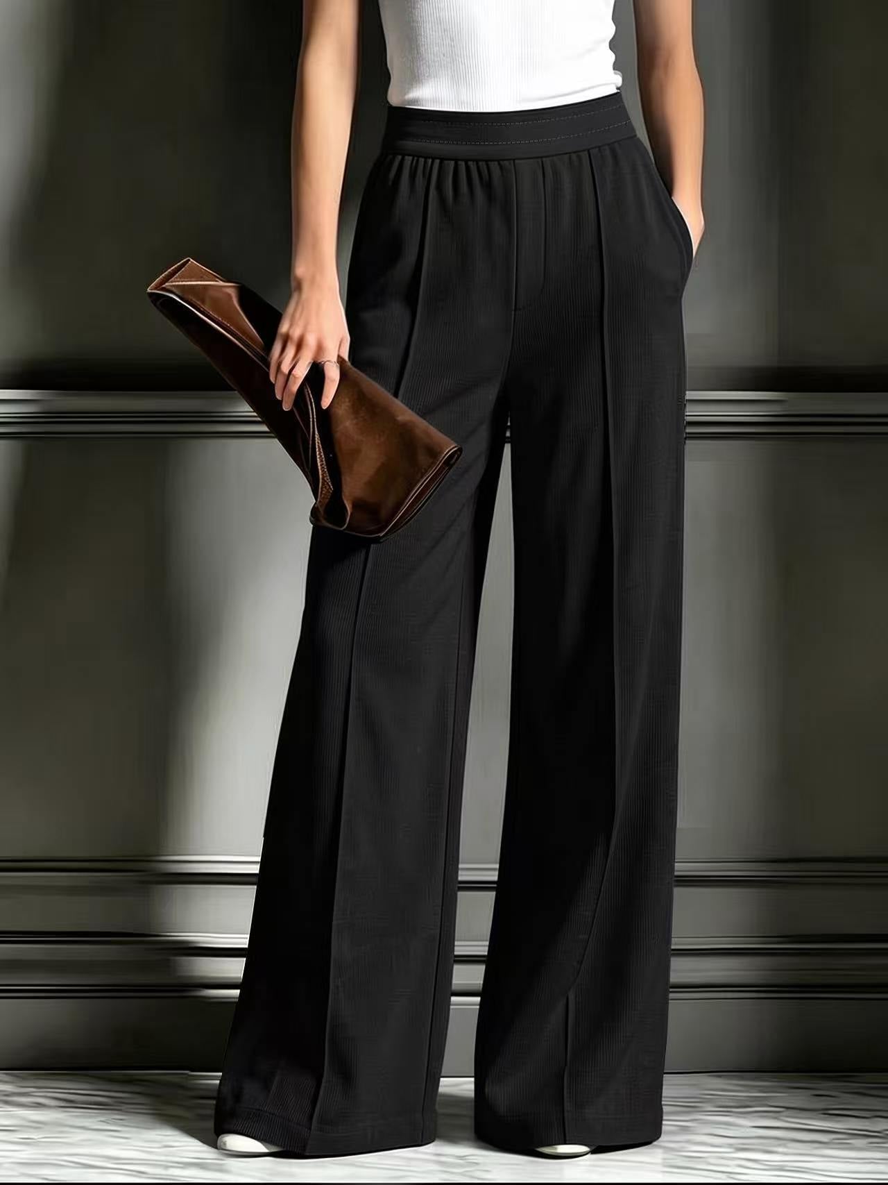 Women's Ribbed Wide Leg Casual Pants with Pockets