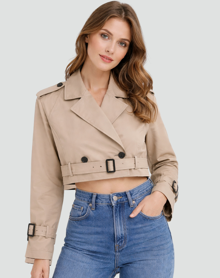 Women's Short Trench Coat with Belt and Double Button Closure